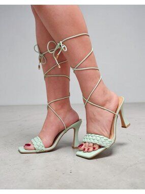 Strappy Mint Green Lace-Up Heeled Sandals With Braided Front Design Square Toe A